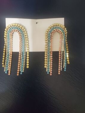 Gold Tone Crystal Fringe Earrings with Pink & Blue Accents